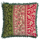 Fringed velvet cushion with retro floral pattern in green, pink and red