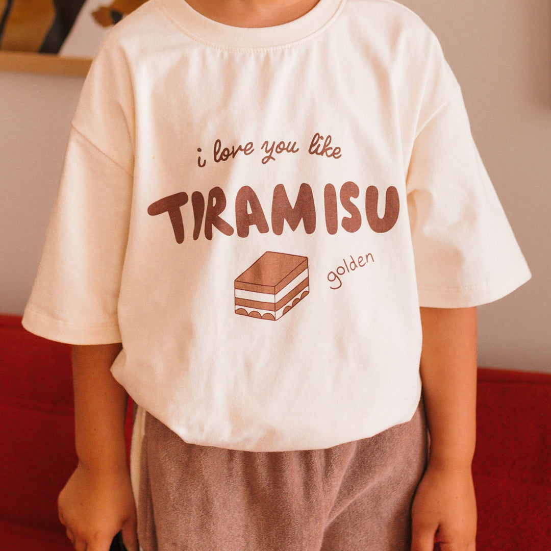 Close up of print on the Tiramisu T-shirt - Buttercream | Golden Children