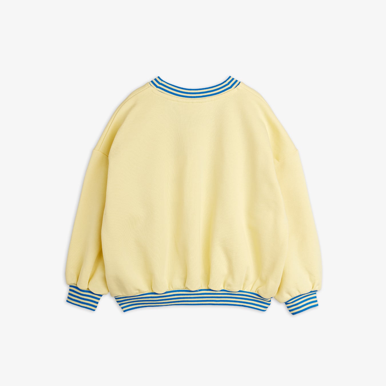 Back view of mini rodini To the Moon yellow sweatshirt with blue striped collar and hem details