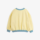 Back view of mini rodini To the Moon yellow sweatshirt with blue striped collar and hem details