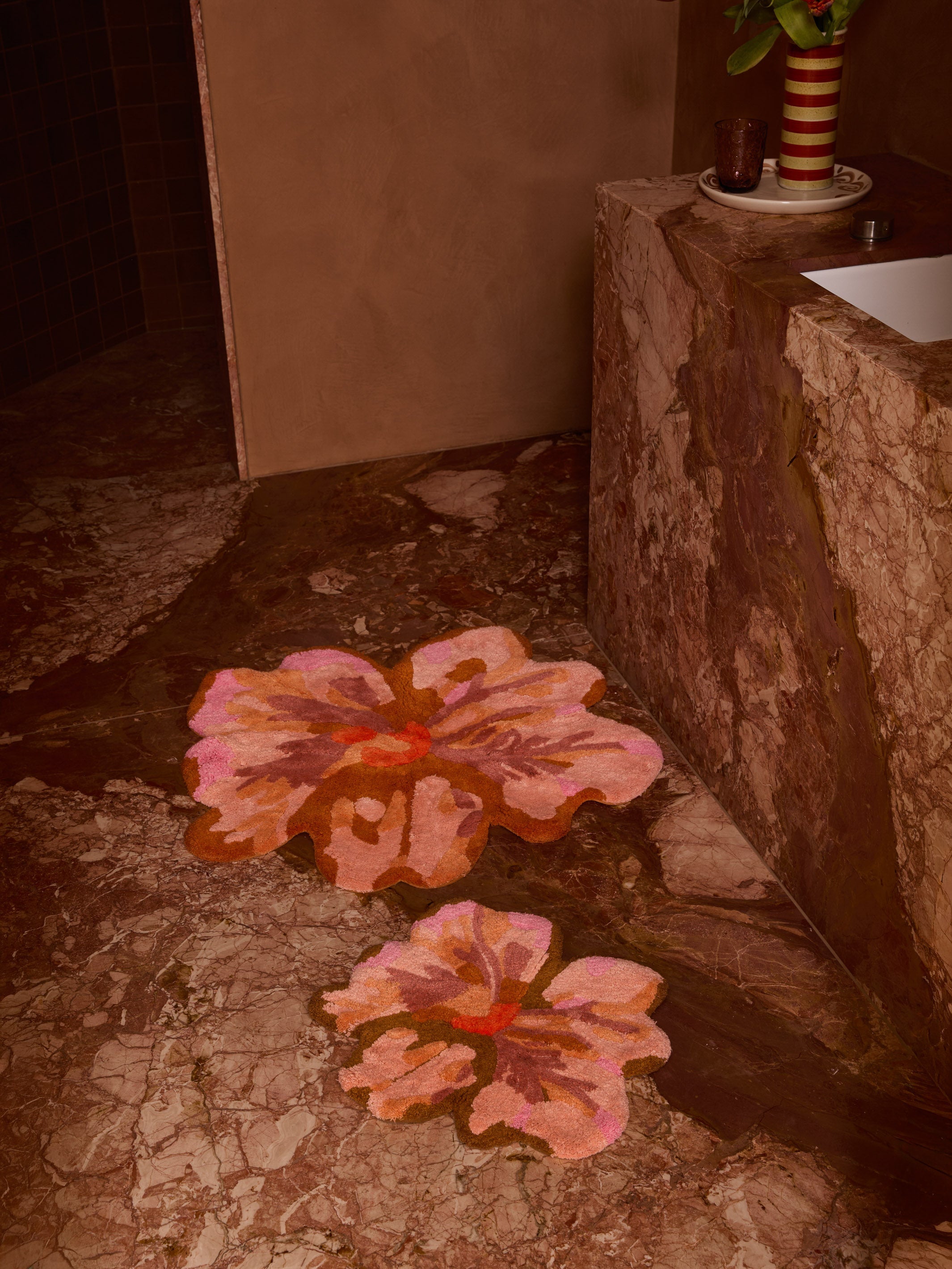 Tulip Tan Bath Mat by Bonnie & Neil featuring hand tufted cotton in warm tan and pink floral design