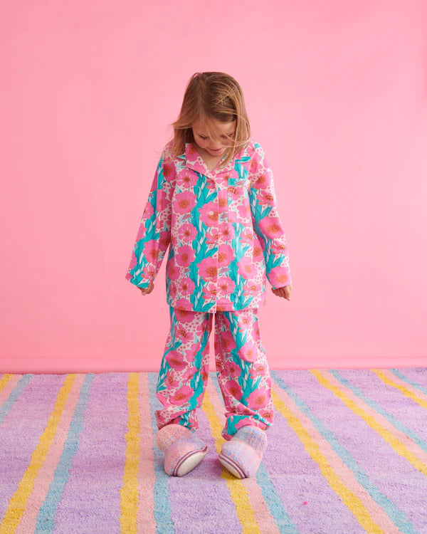 Tumbling Flowers Pink Flannelette Long Sleeve Shirt & Pant Pyjama Set
