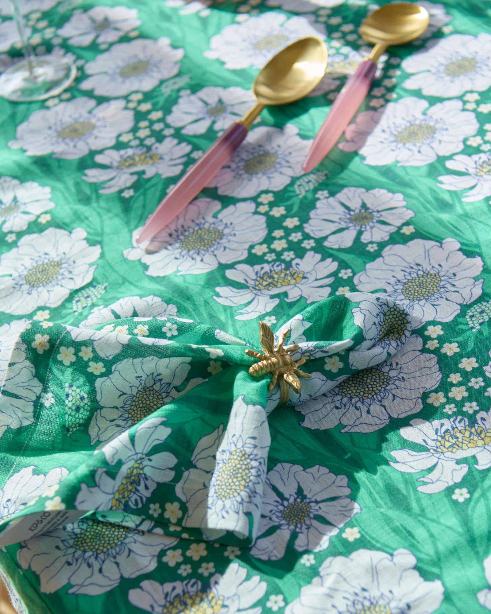 details of Tumbling Flowers Green Linen Tablecloth by Kip & Co