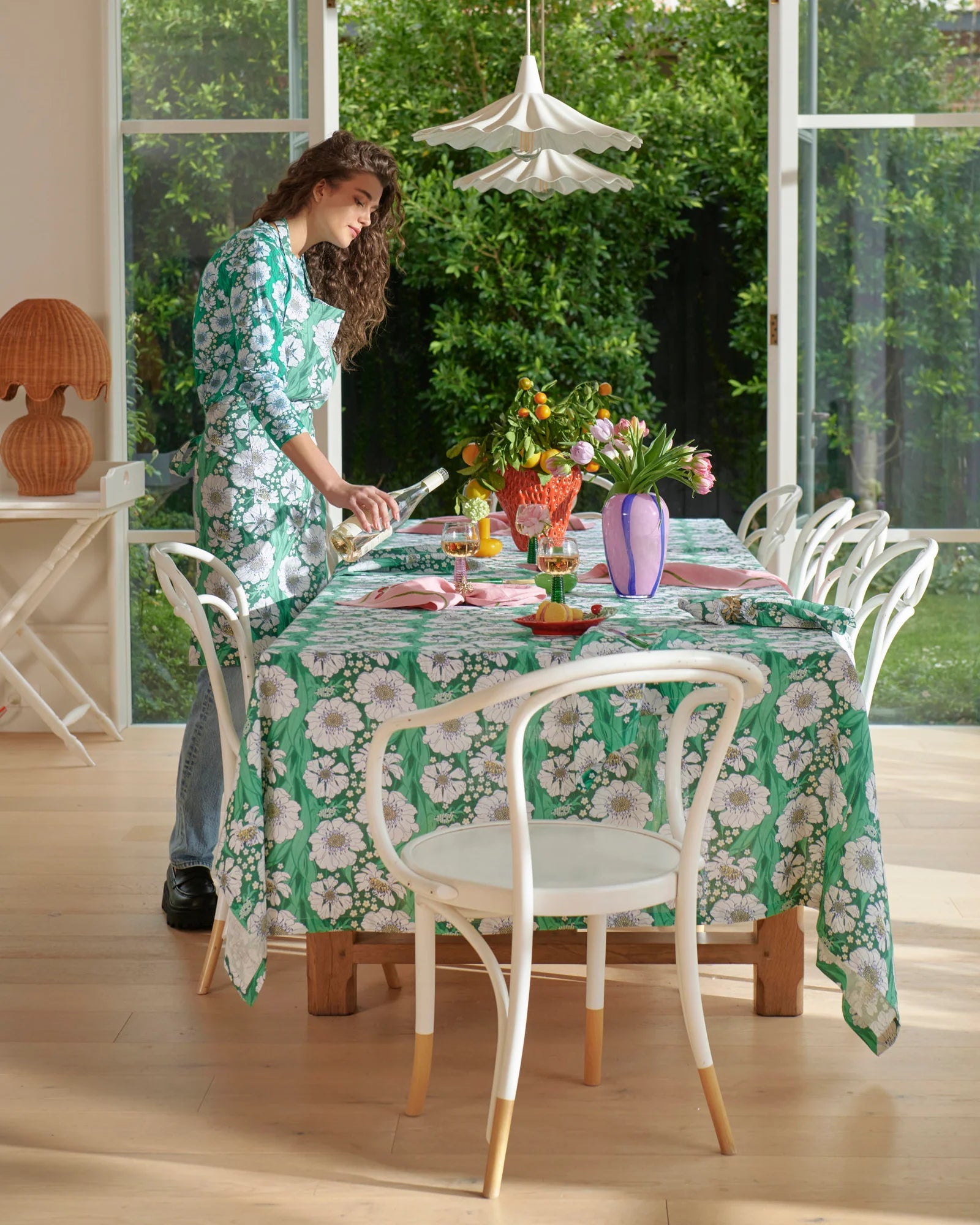 best quality linen tablecloth with green and white floral pattern