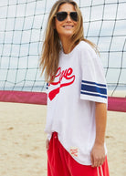 Urban Love Tee - White by Hammill & Co - white tshirt with red "love" graphic and navy stripes on the sleeves