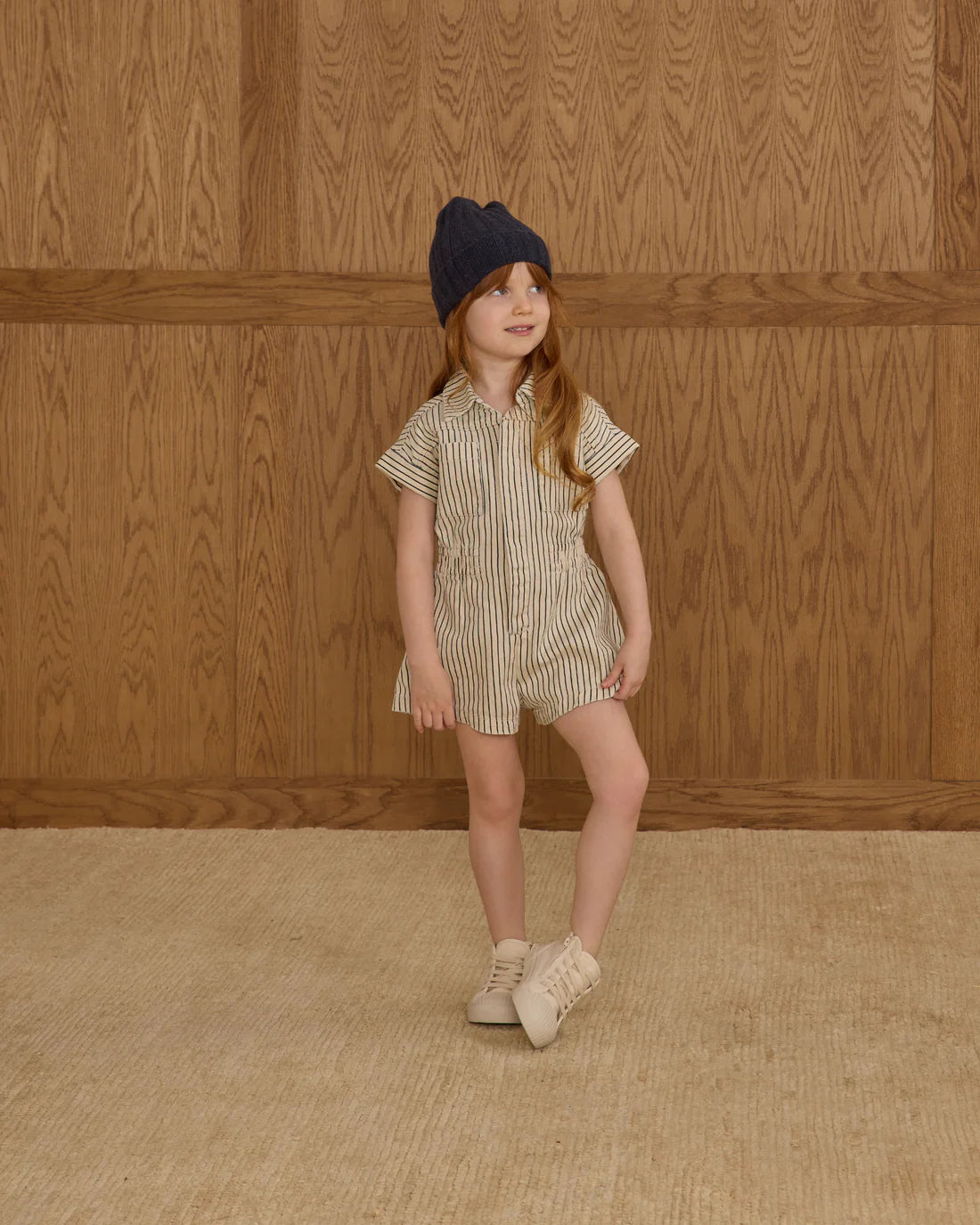 Utility romper navy pinstripe Rylee Cru