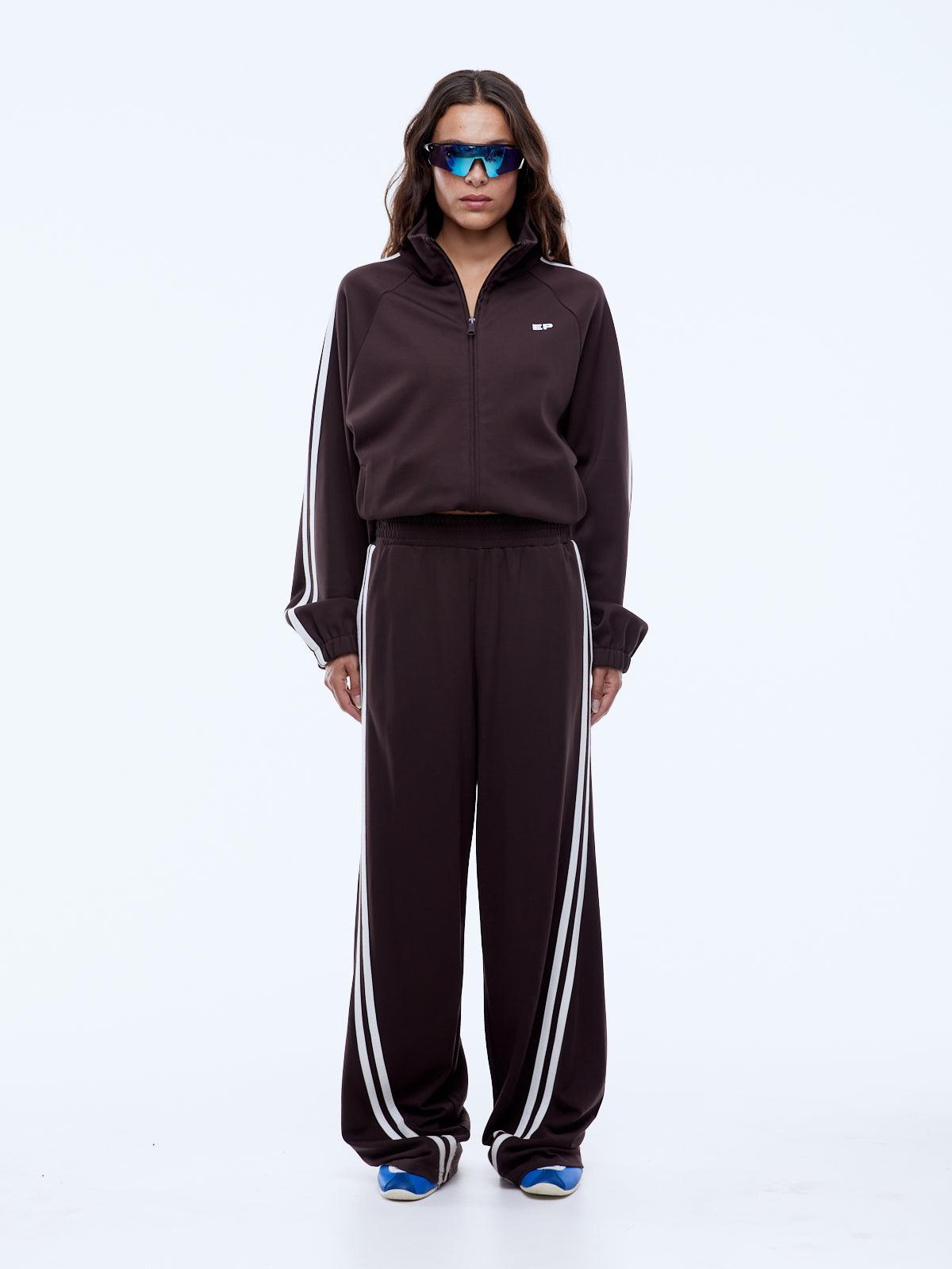 model wearing Ena Pelly Valentina Stripe Pant cocoa