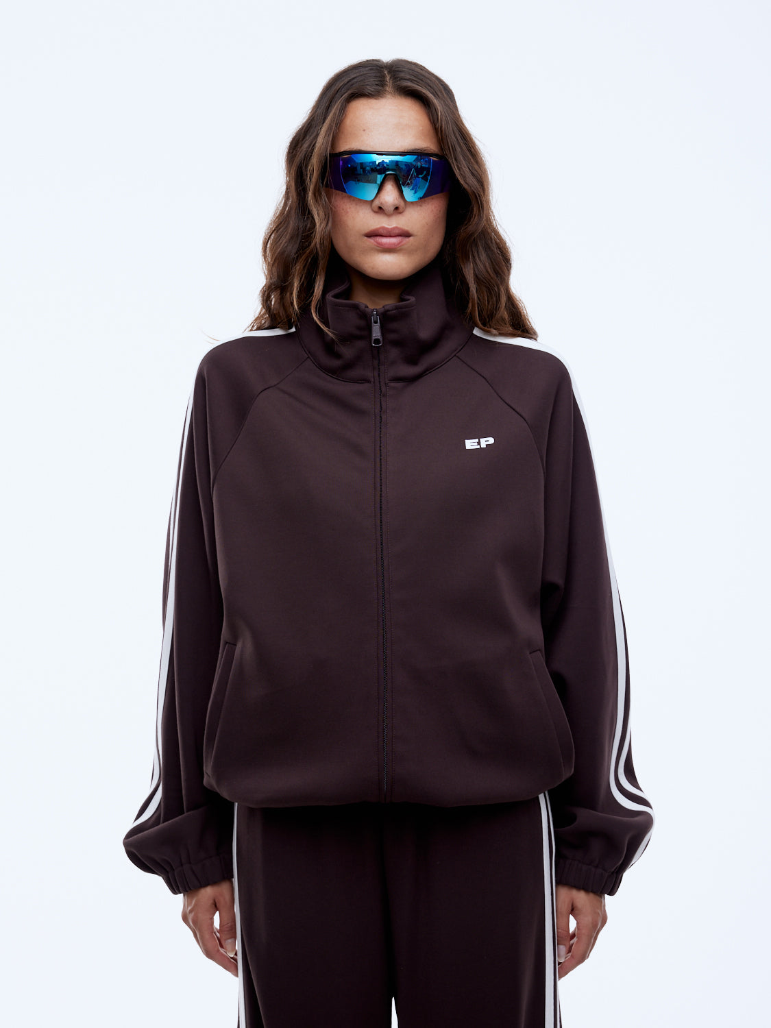 Contrast sleeve stripe detailing and raglan construction on Valentina cocoa zip thru jacket