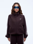 Contrast sleeve stripe detailing and raglan construction on Valentina cocoa zip thru jacket