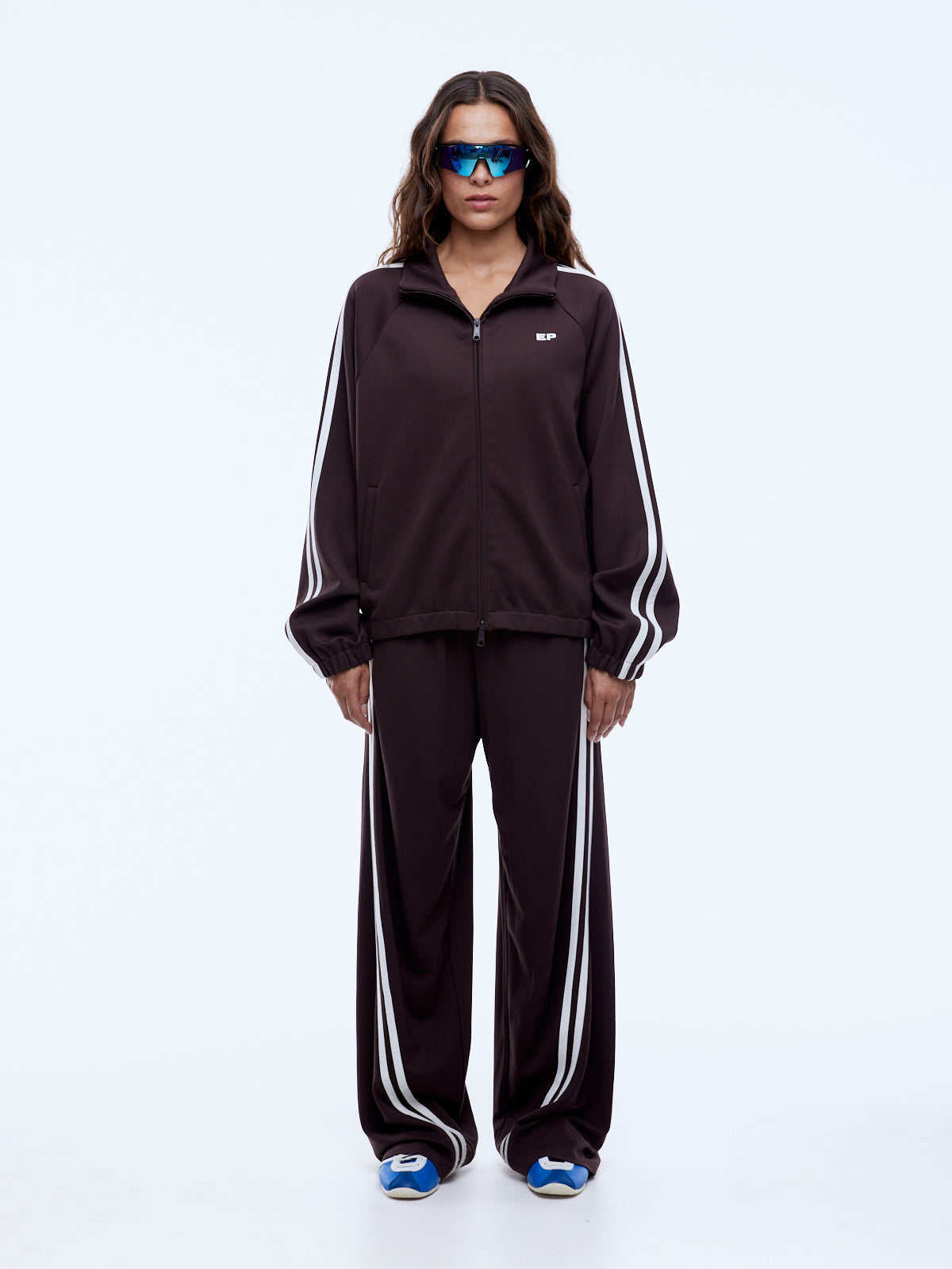 Smooth rayon blend fabric texture close up of Ena Pelly Valentina jacket in cocoa colorway