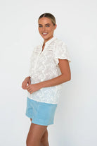 Valentina Shirt – White by Kireina with floral embroidery and lace details