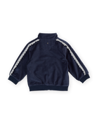 Back view of navy velour broderie sweat jacket showing white eyelet lace trim along sleeves and shoulders