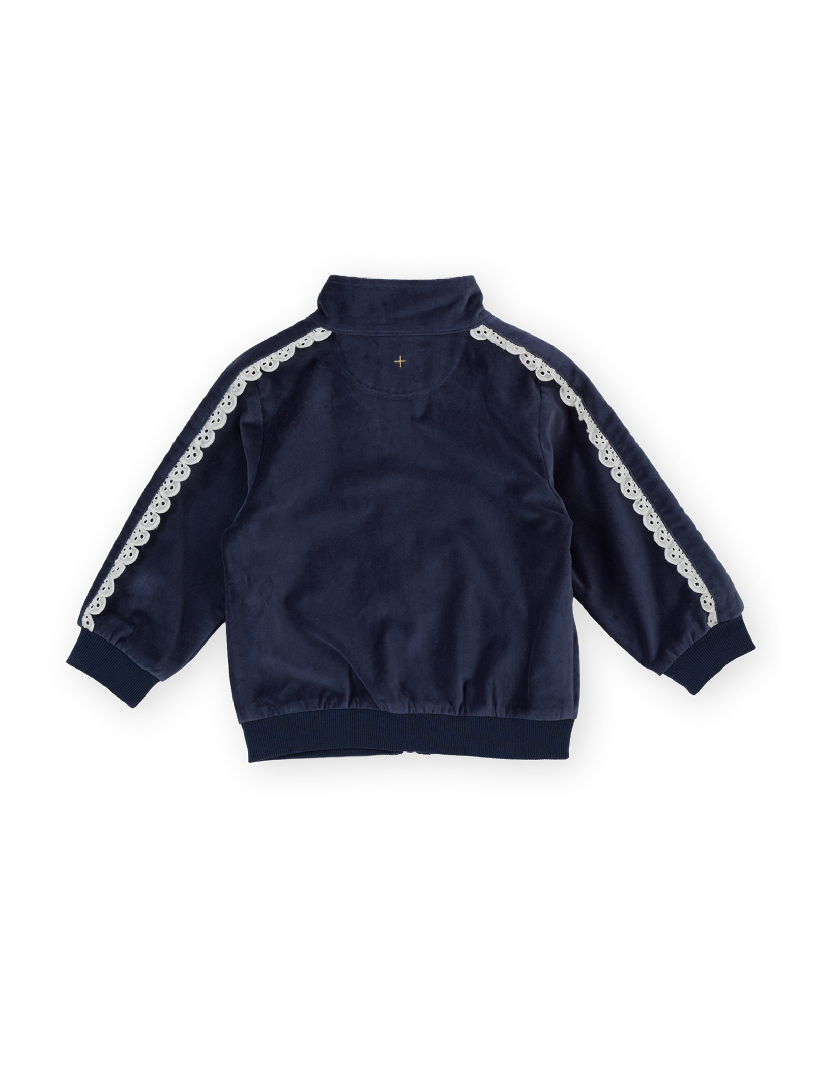 Back view of navy velour broderie sweat jacket showing white eyelet lace trim along sleeves and shoulders