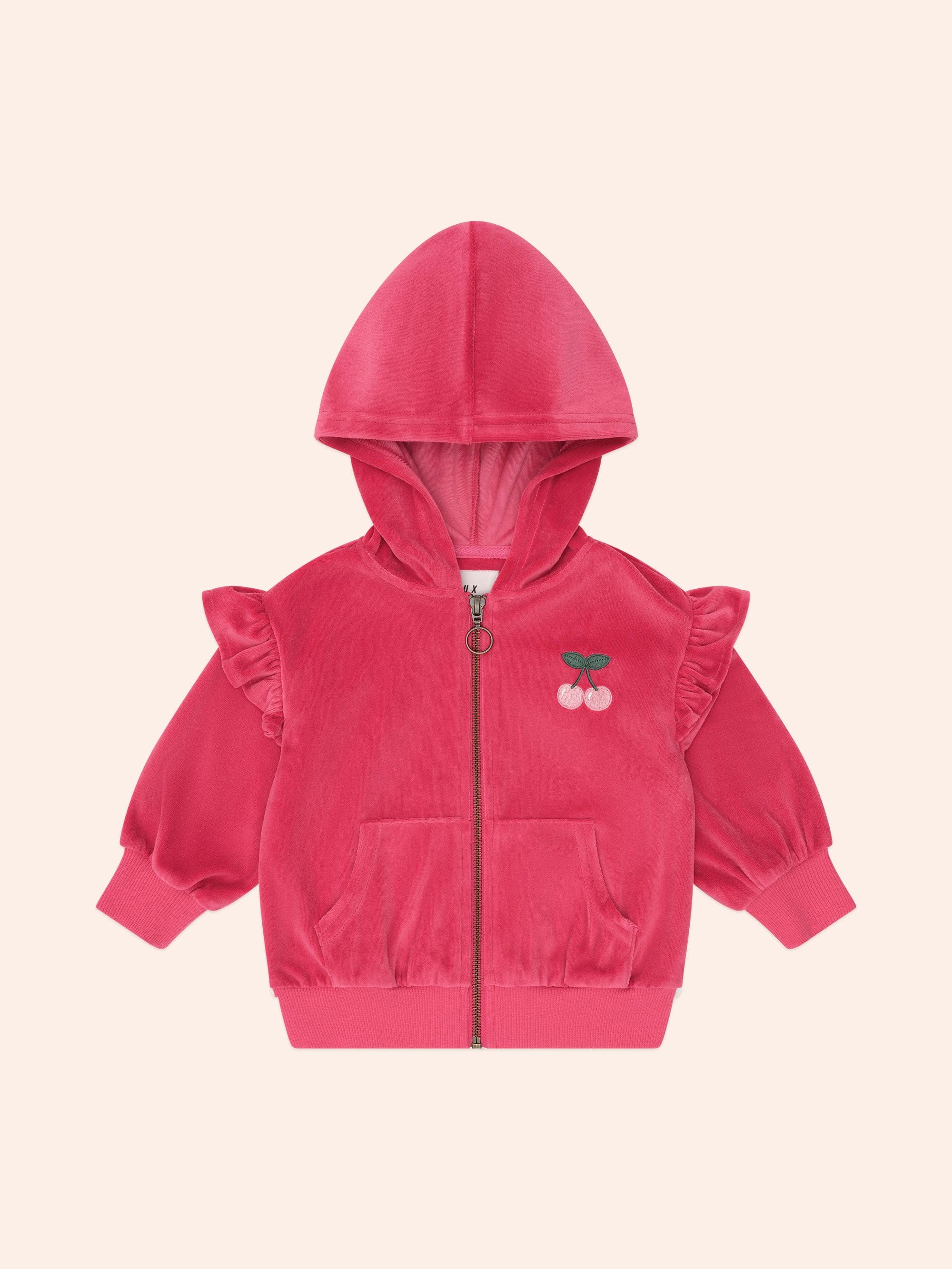Front visual of the Very Cherry Velour Zip Up Hoodie | Huxbaby