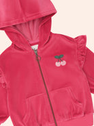 Close up depicting the Very Cherry Velour Zip Up Hoodie | Huxbaby