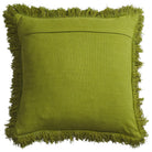 Back view of Vivi Applique Cushion showing plain juniper green fabric with fringe border and zipper