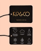 Black product tags showing bamboo fabric benefits and sustainability features