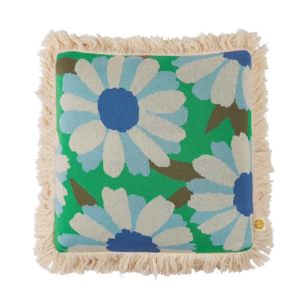 Blue, floral, knit cushion from Sage & Clare