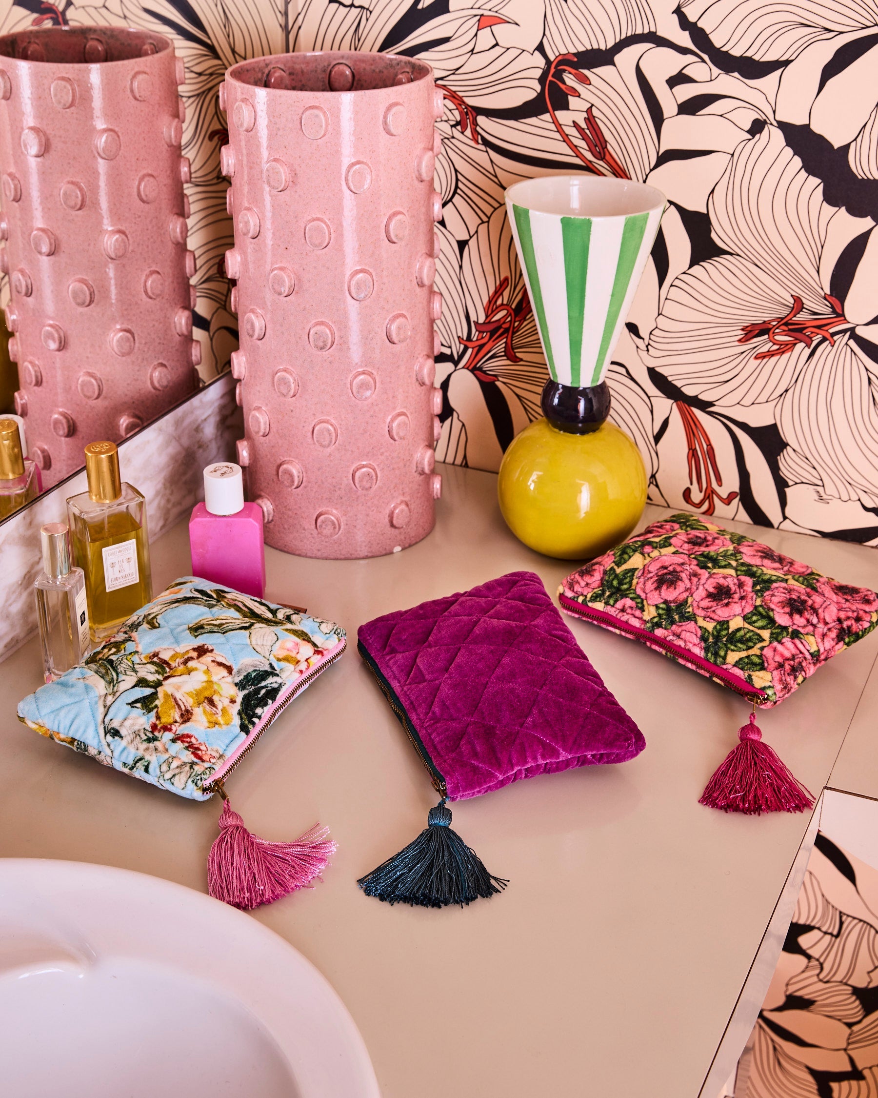 Wild Grape Velvet Cosmetics Purse by Kip Co in grape purple quilted velvet with tassel zipper pull styled flat