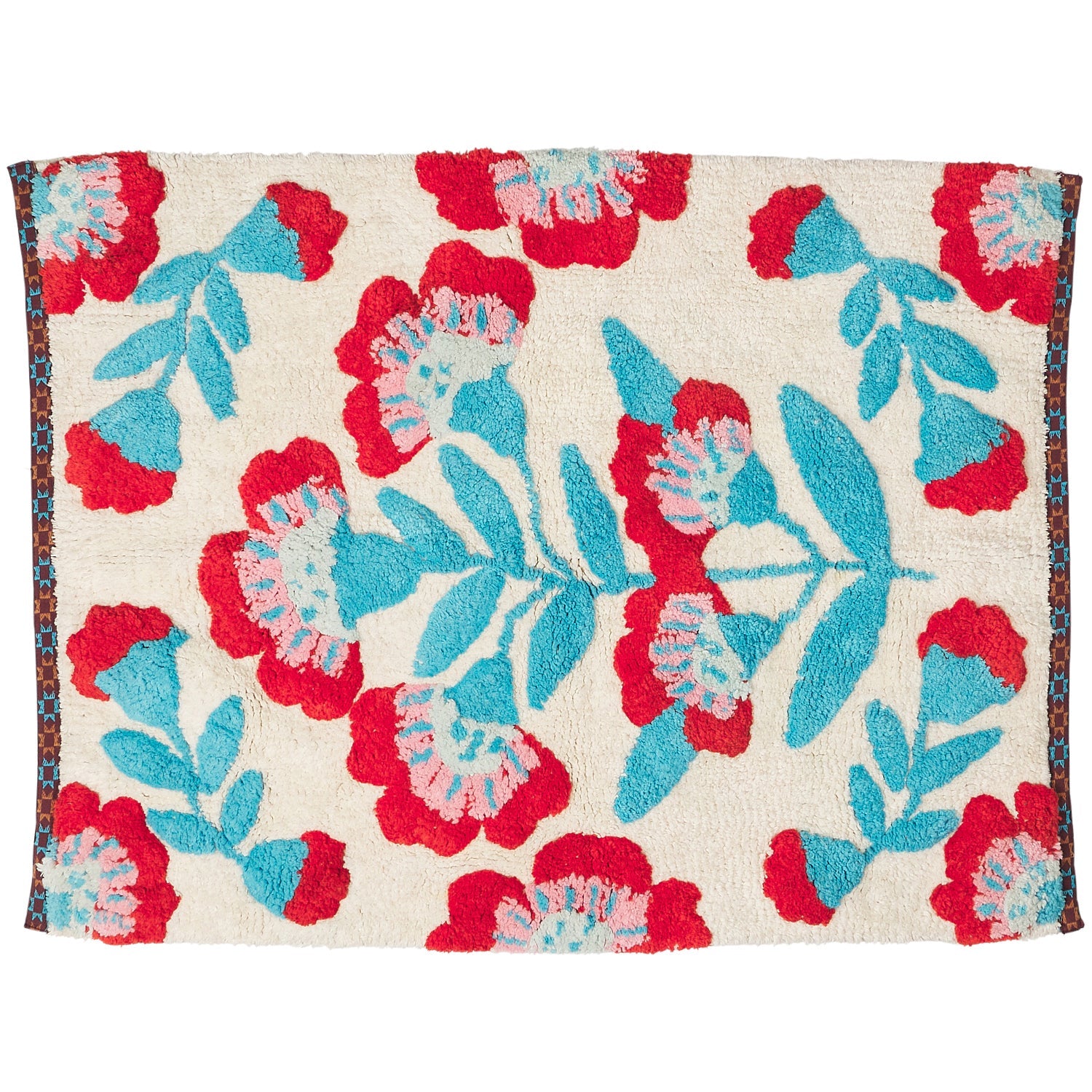 Winona Bath Mat in Moonlight, flat-lay overhead view with bold red floral and teal leaf tufted pattern on cream ground