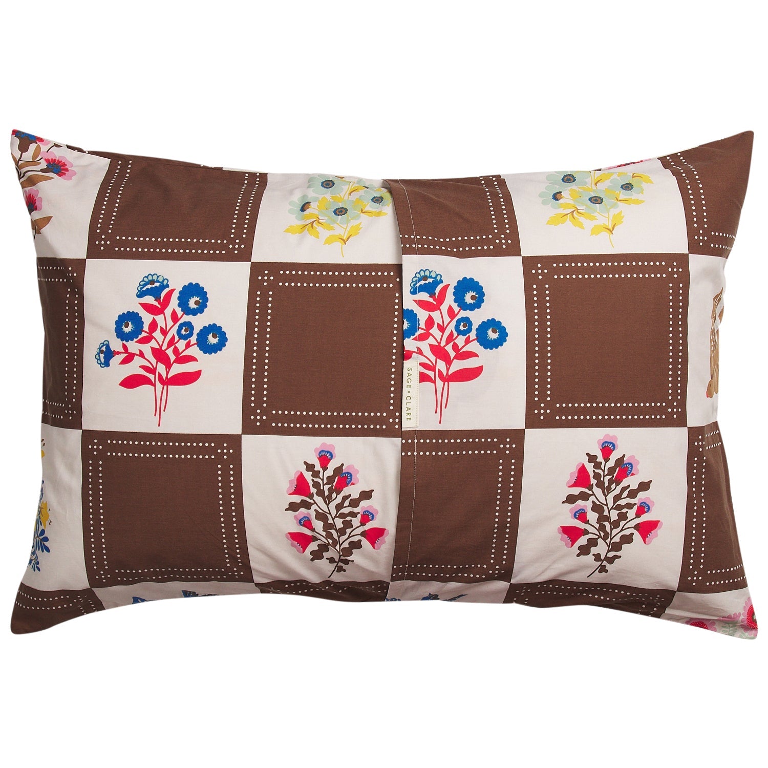 Back view of brown and cream checkerboard cotton pillowcase with colorful folk floral print, showing label