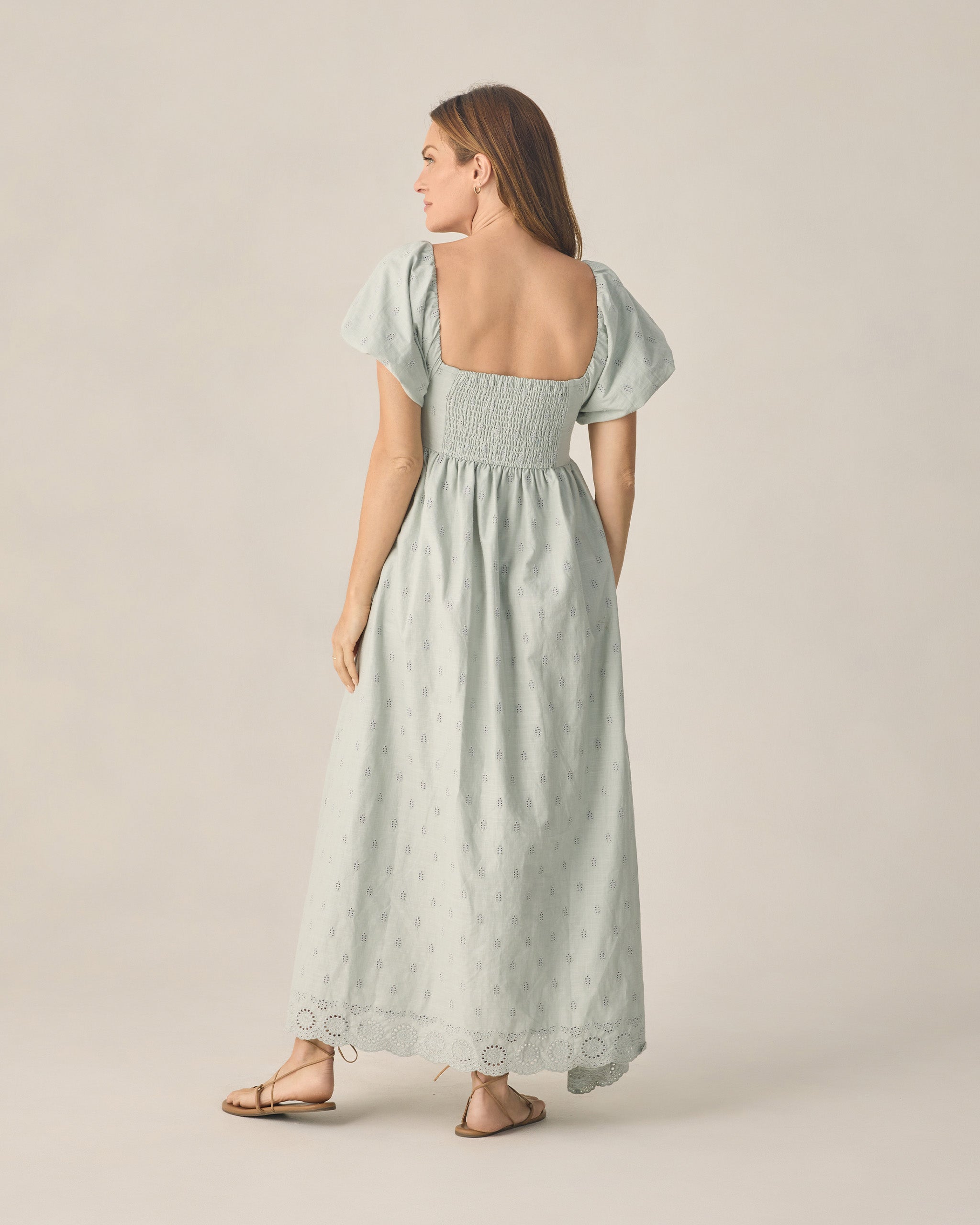 lady wearing Women's Oceane Dress Seafoam by Rylee + Cru - long light blue 100% cotton dress with bubble sleeves
