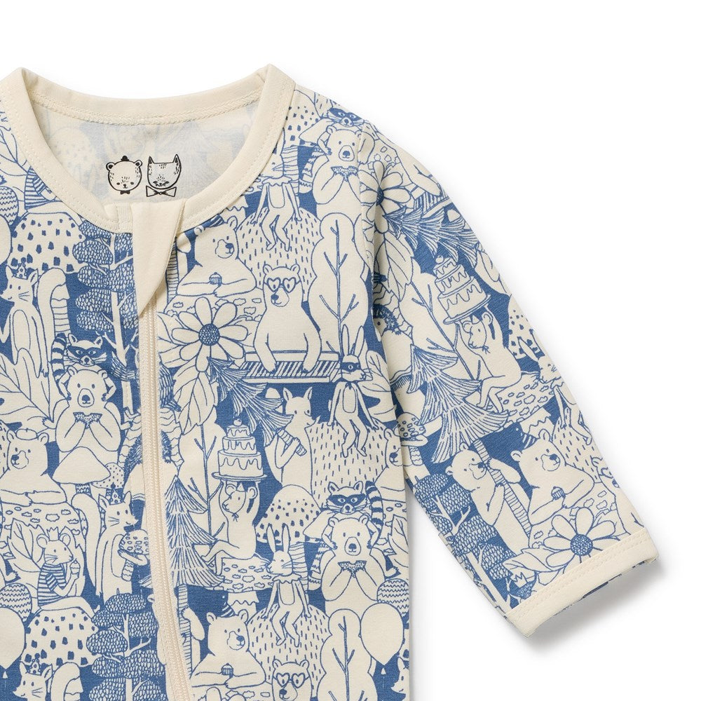 Close up of the Woodland Adventures Organic Zipsuit With Feet | Wilson + Frenchy
