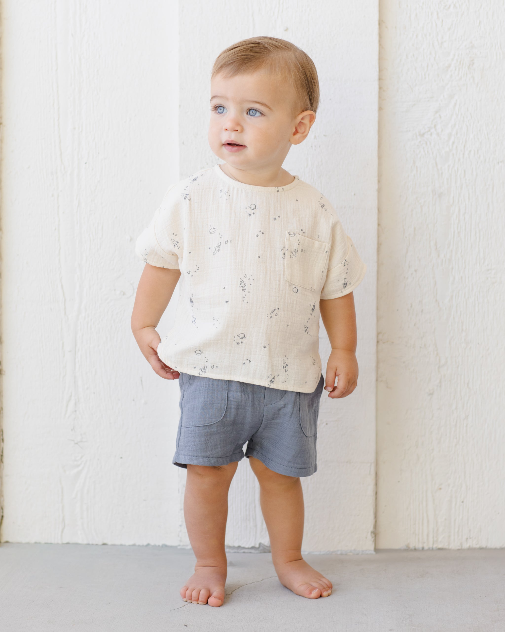 Toddler in the top for the Woven Top & Pant Set - Space | Quincy Mae