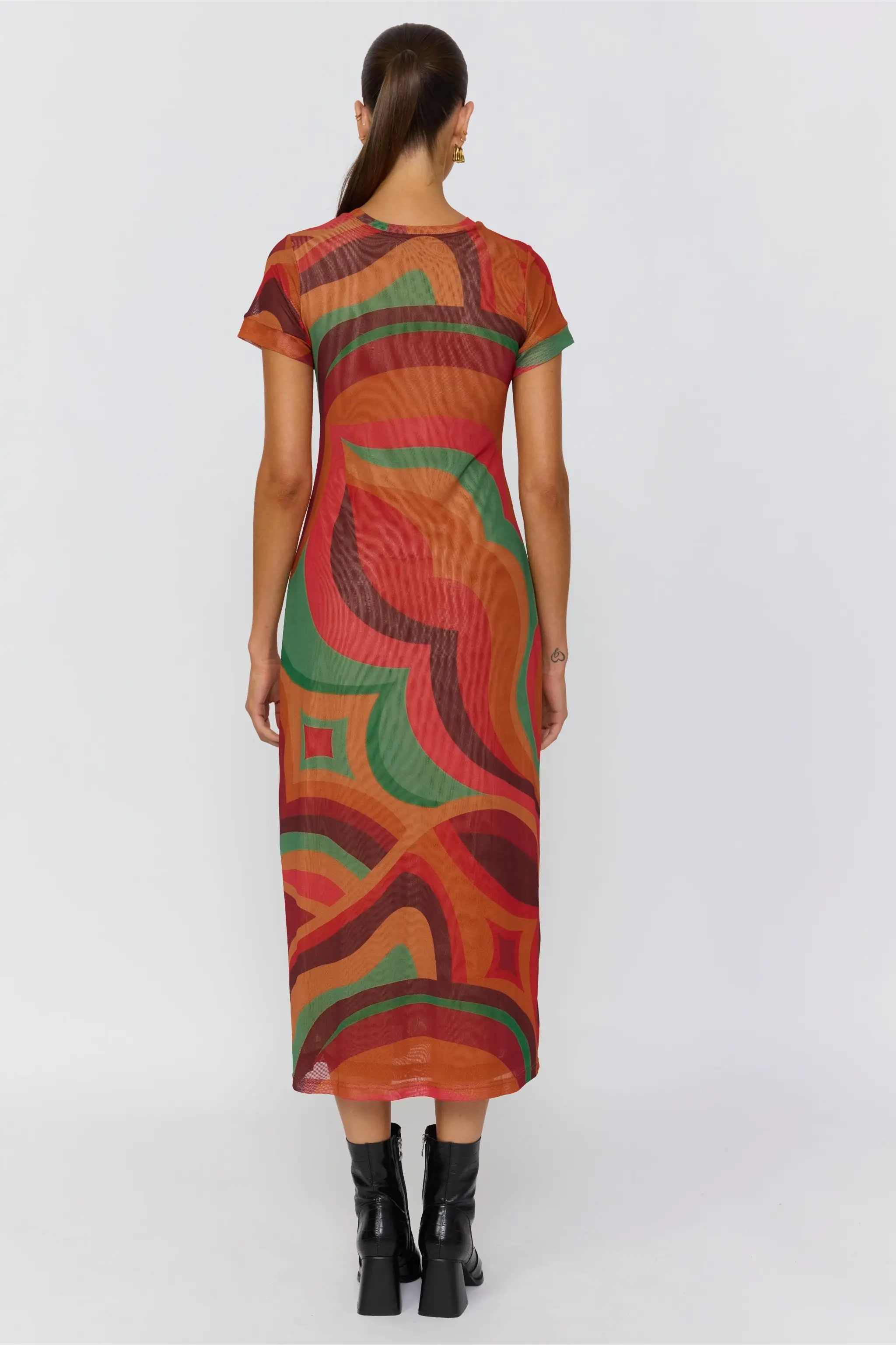 Back view of Yoko Midi Dress revealing continuous swirl pattern and short sleeve construction