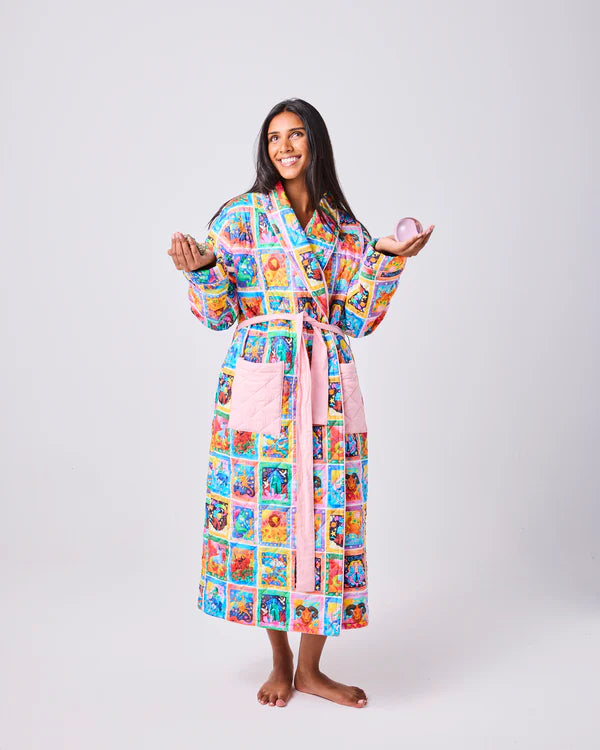 lady wearing Zodiac Quilted Cotton Robe by Kip & Co