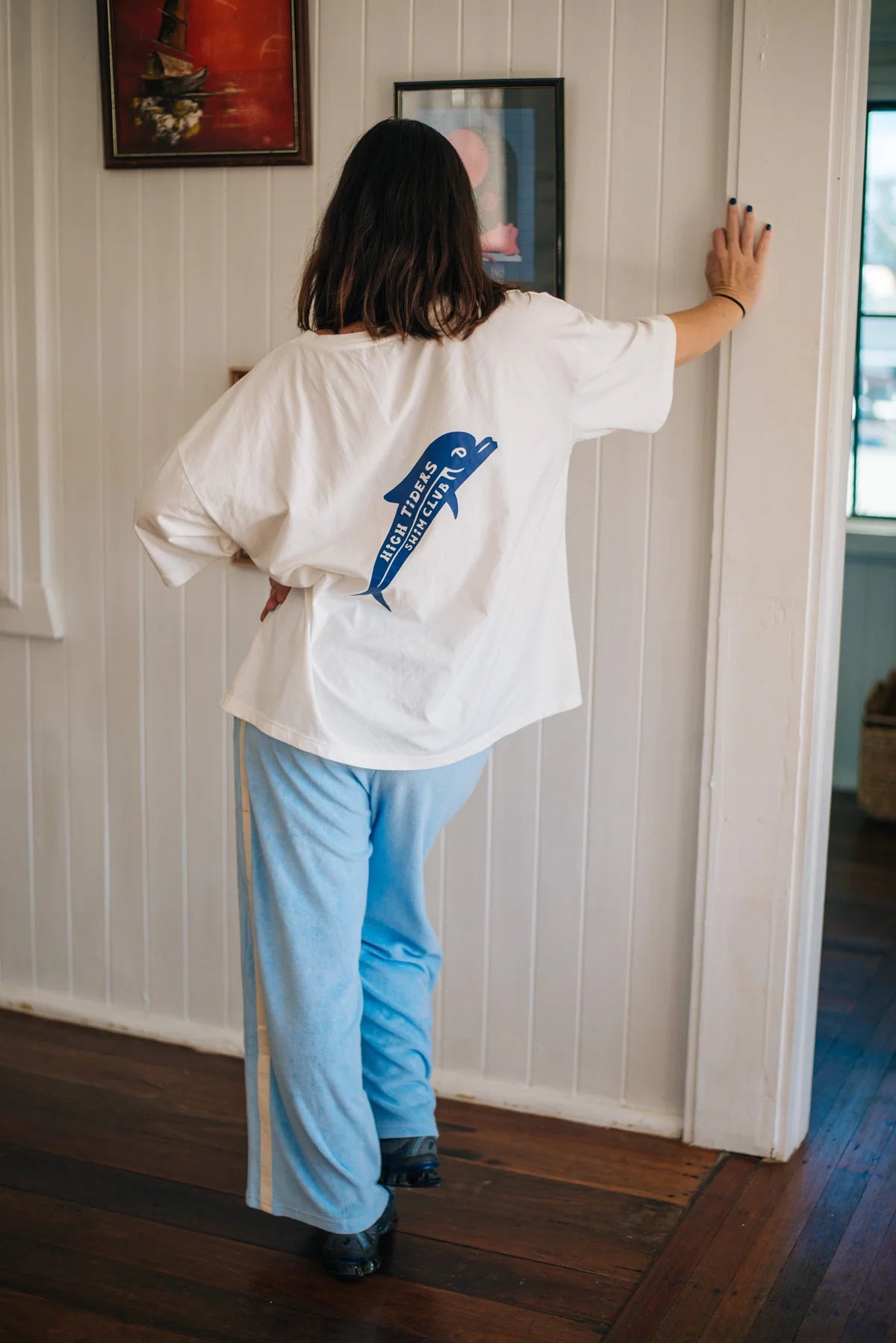 model wearing Apres Surf Pant Cloud by Atmosea