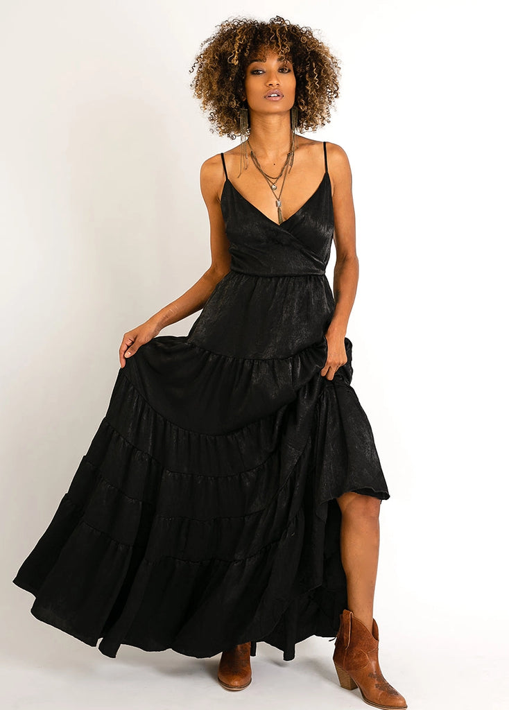 metallic black strappy maxi dress by Joyfolie