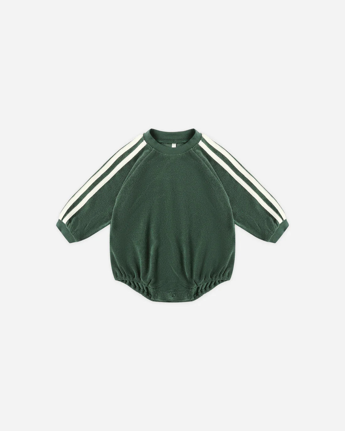 Green baby romper with white stripes on sleeves against a white background