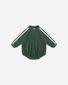Green baby romper with white stripes on sleeves against a white background