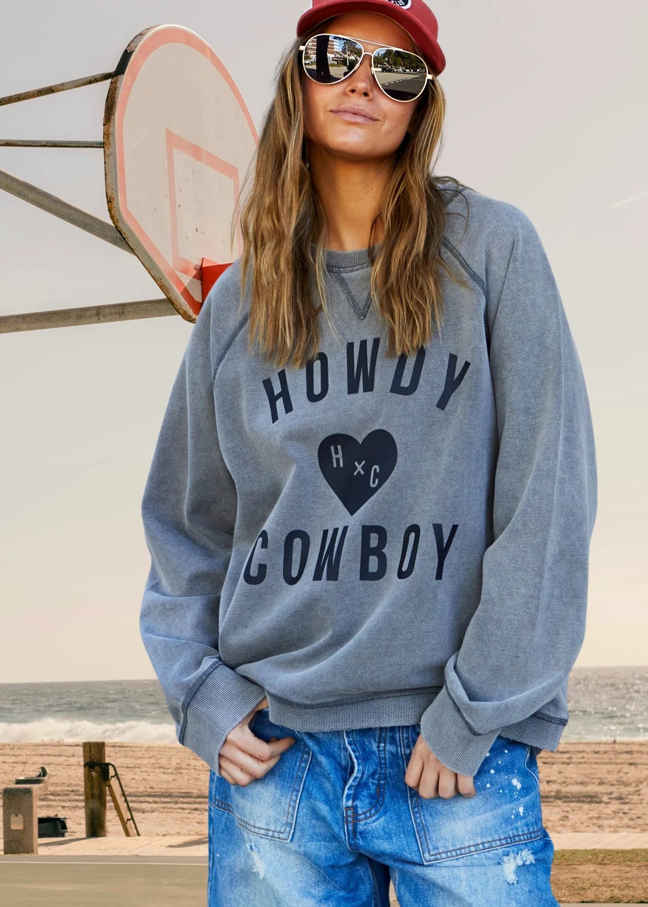 model wearing Howdy Cowboy vintage wash sweats black by Hammill & Co