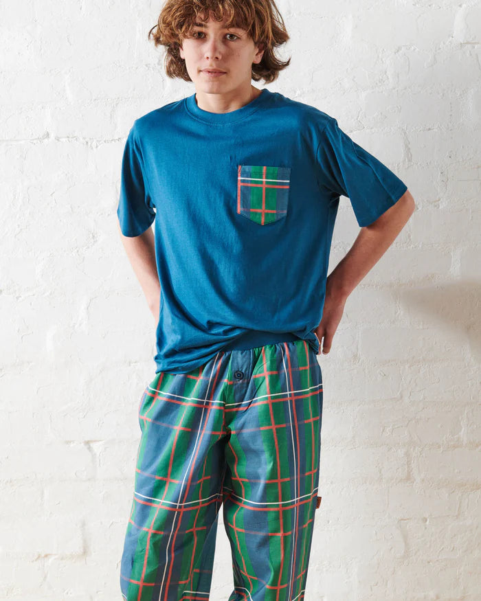 Tartan blue and green check sleepwear set for teen boys from Kip&Co