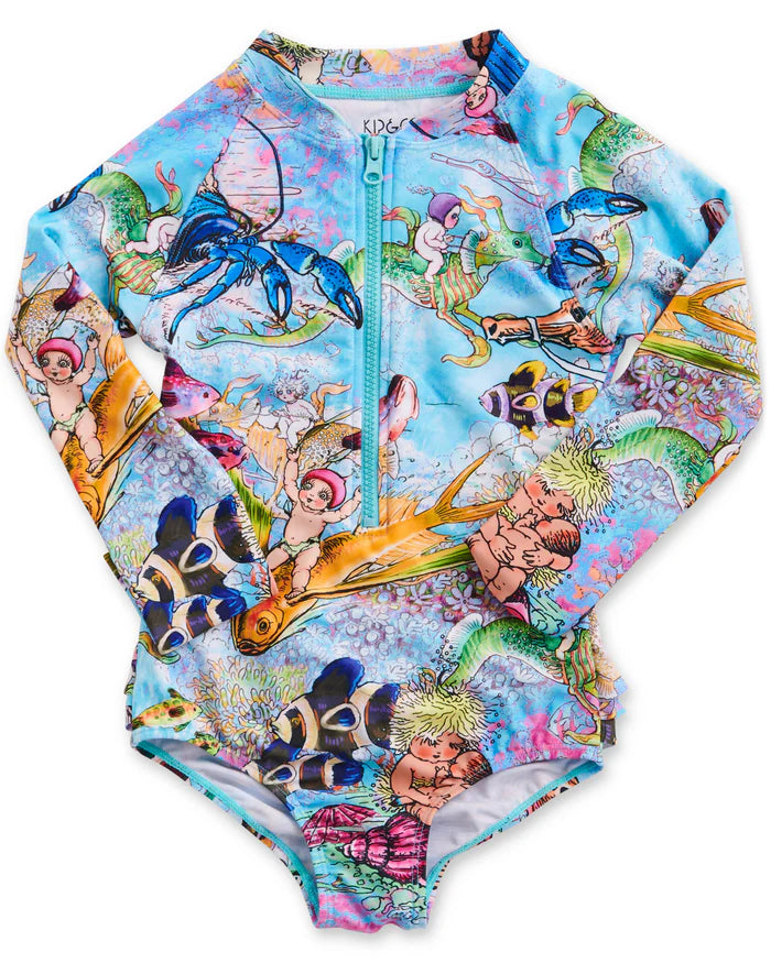 May Gibbs x Kip & Co waterworld long sleeve zip bathers