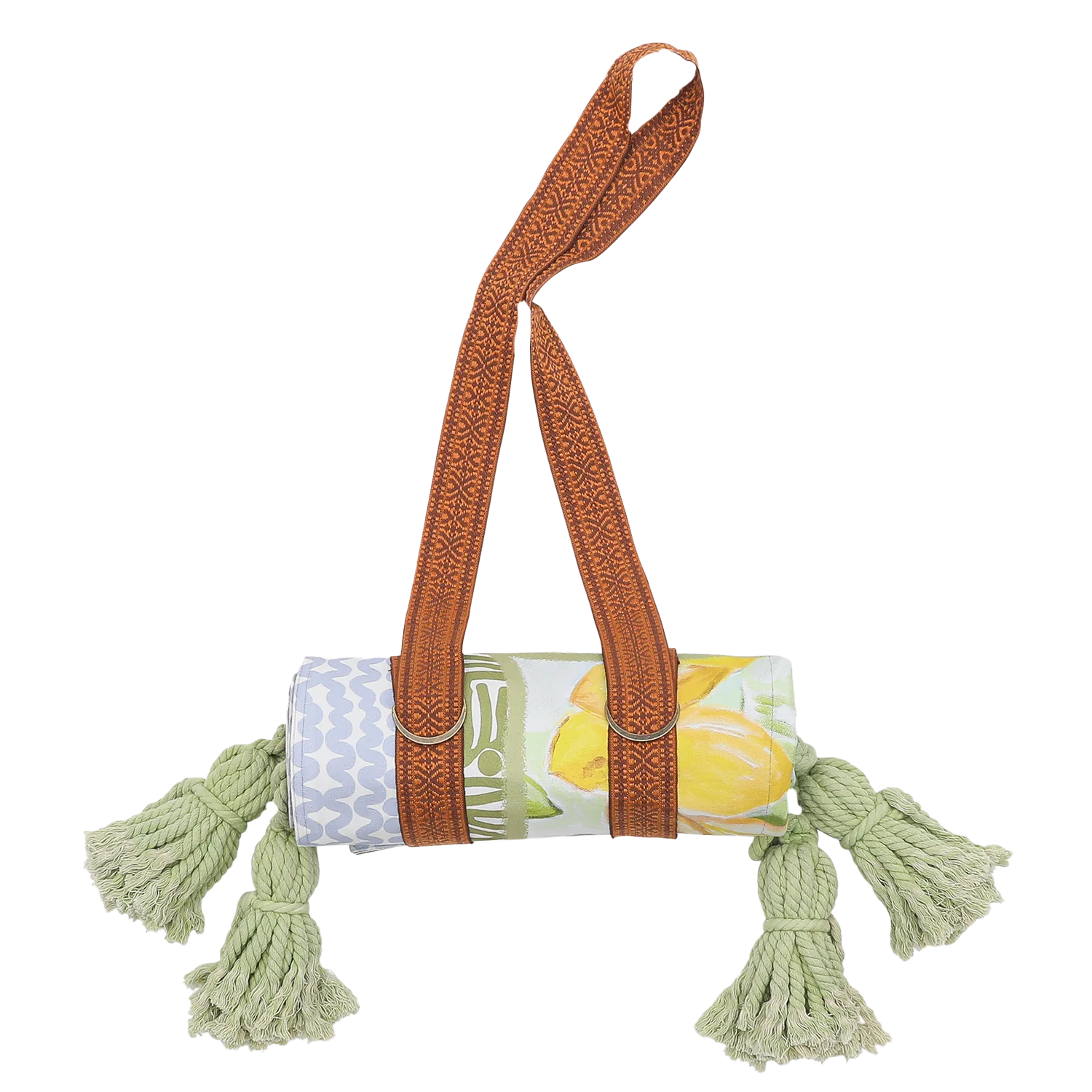 Wandering Folk Le Lemon Picnic rug rolled up with brown embroidered carry strap