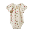 cream organic cotton baby onesie with red and green strawberry print