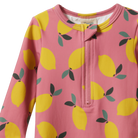 short arm, short leg pink swimsuit with yellow lemons