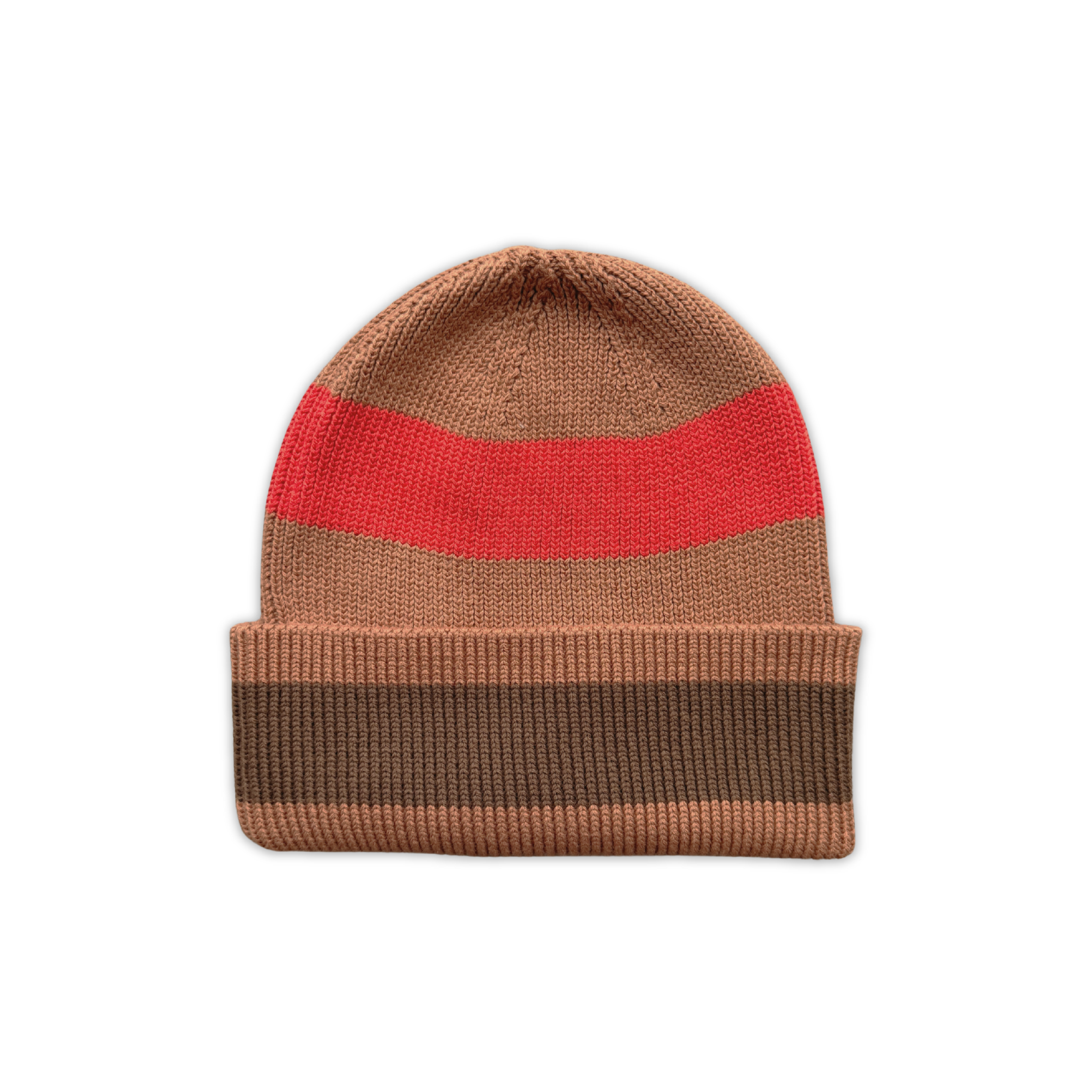 Front view of the Organic Striped Pixie Knit Beanie - Earth | Grown Clothing