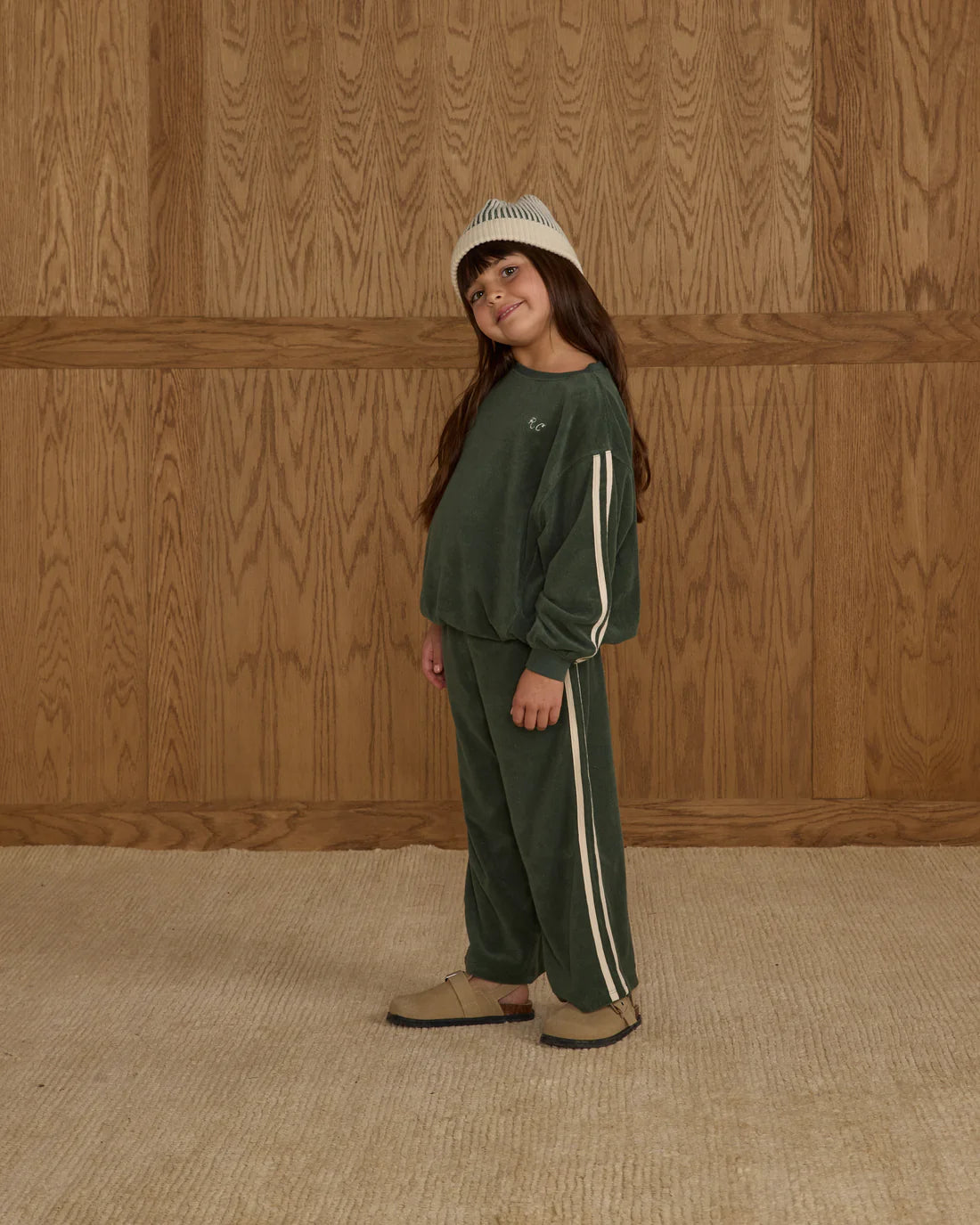 Rylee + Cru green terry towelling sweater for kids with white stripes on sleeves