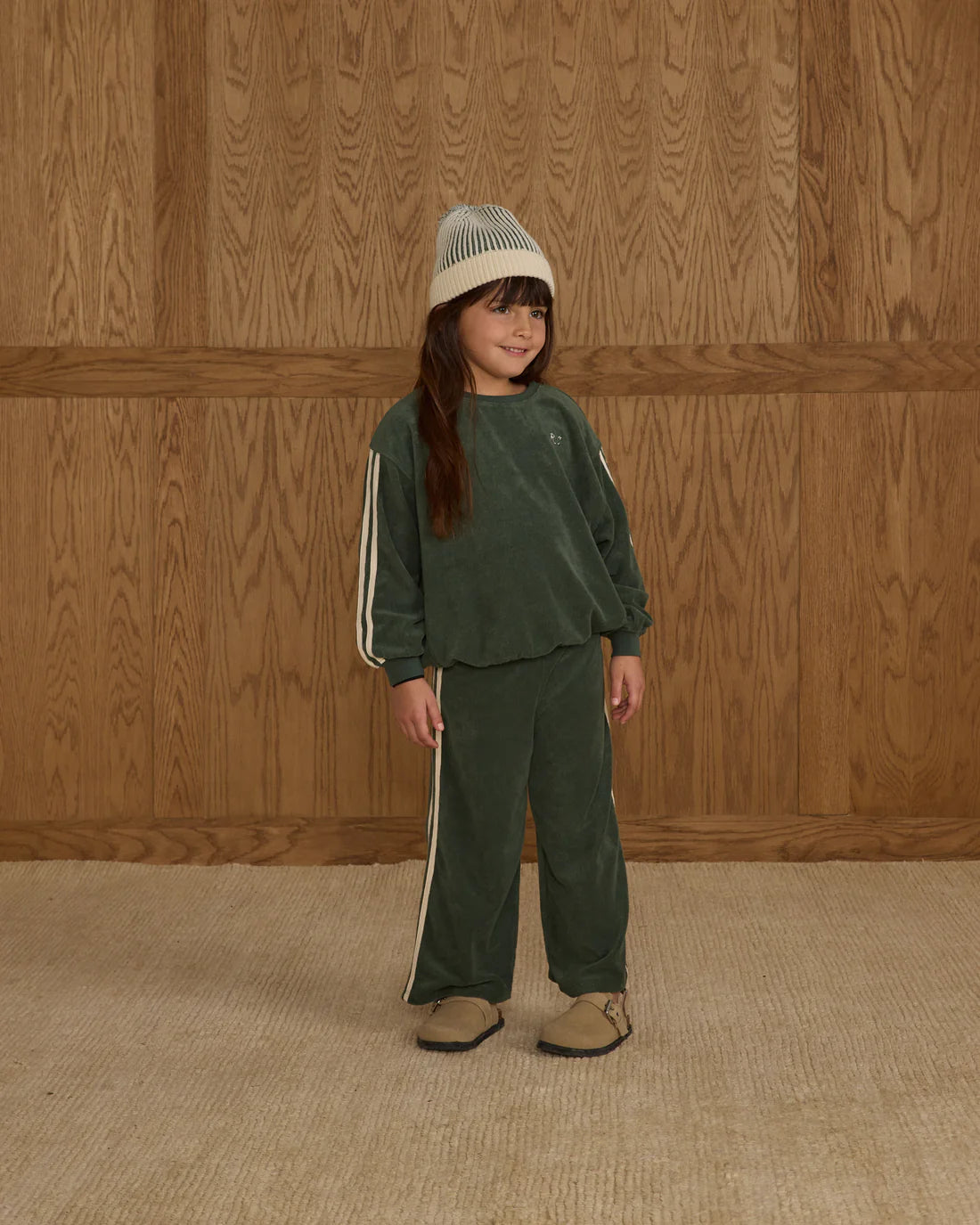 Kids fashion terry sweater with matching pants in dark green