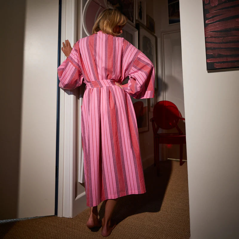 back of Brigitte Cotton Bath Robe in pink and red colours