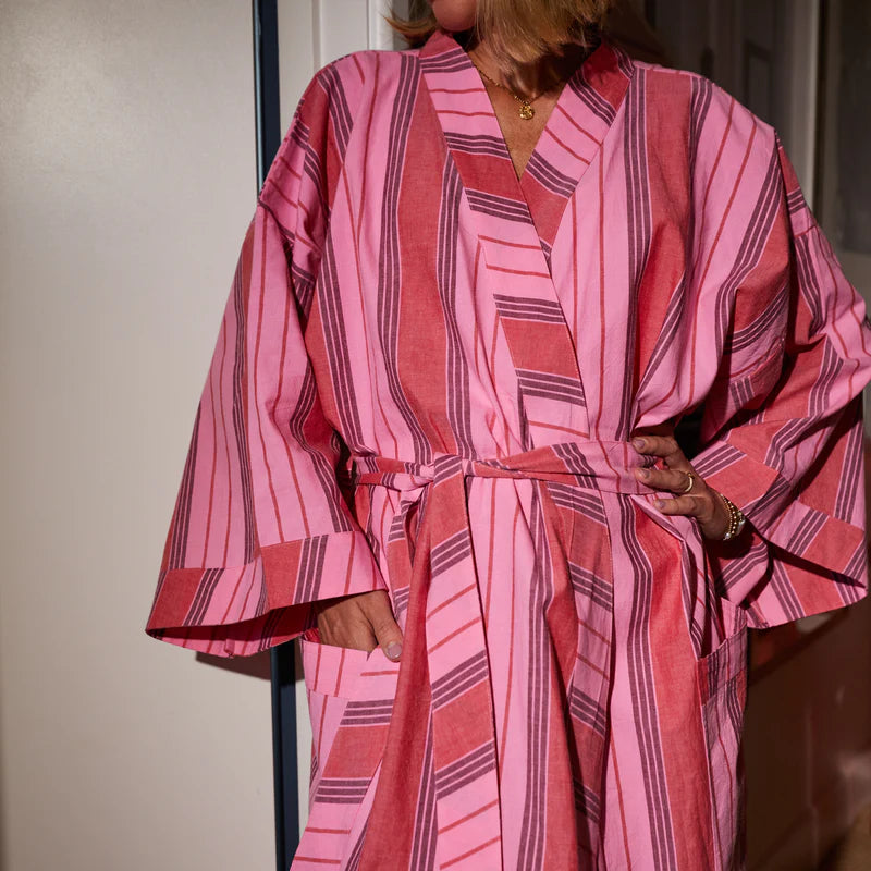 Long kimono style cotton robe with pink, red and purple stripes