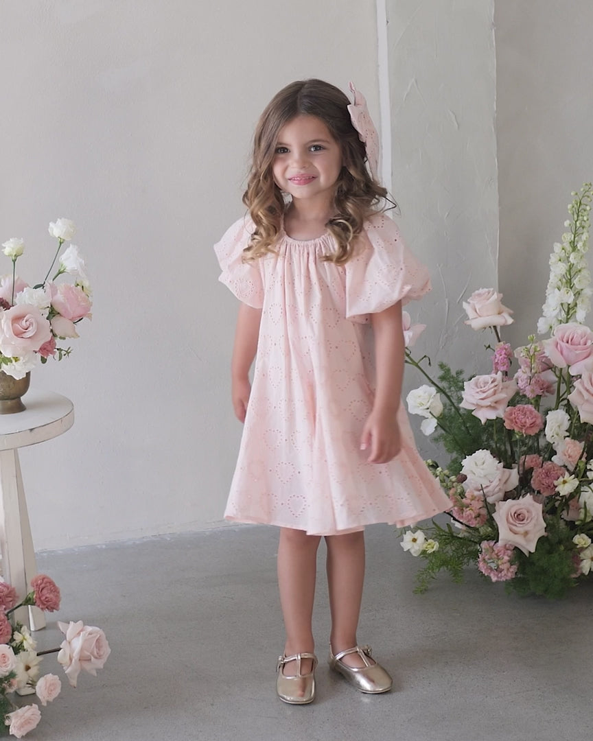 Maia Dress Blush by Noralee - pink dress with heart detailing and puff sleeves