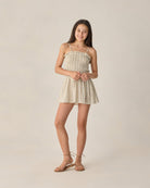sleeveless teen girls mini dress in cream and blue floral print with shirred top