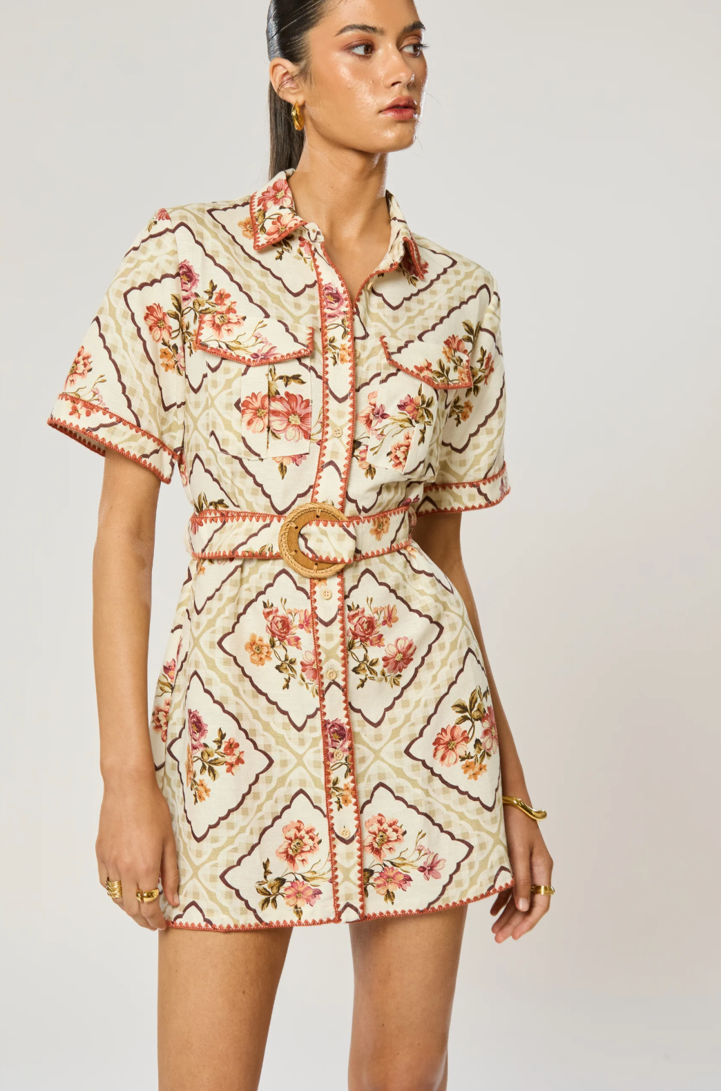 Winnie Shirt Dress - Pistachio by Winona. Short Linen dress with floral pattern.