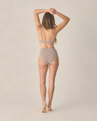 back view of model wearing Women's Banded High Cut Bikini Bottom Chocolate Houndstooth by Rylee + Cru