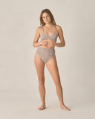 lady wearing Women's Banded High Cut Bikini Bottom Chocolate Houndstooth by Rylee + Cru